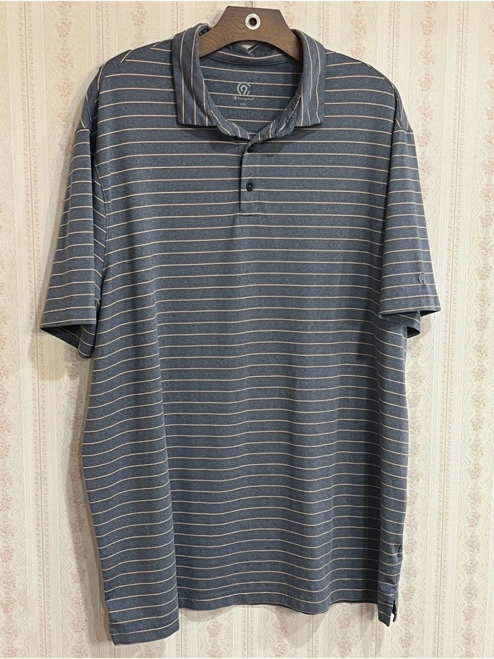 Champion Men's Heathered Blue Polo with Thin White Stripes